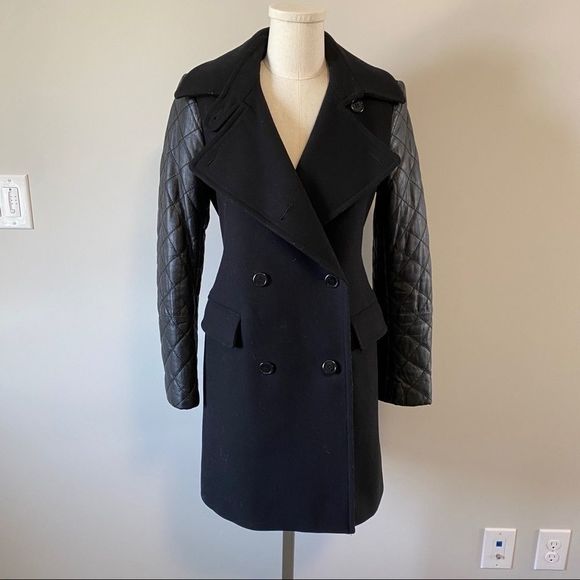 Club Monaco Carolina  Wool Pea Coat Leather Sleeves - Picture 3 of 16